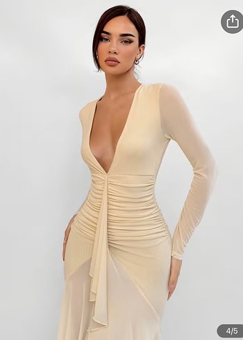 Bej Drapeli Uzun Kollu V Yaka Elbise - Görsel 3