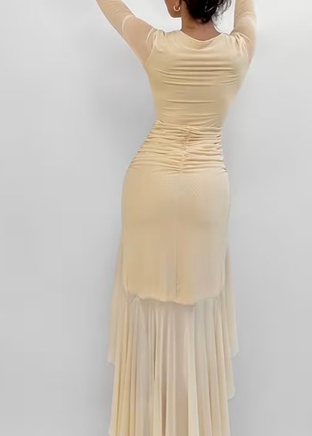 Bej Drapeli Uzun Kollu V Yaka Elbise - Görsel 5