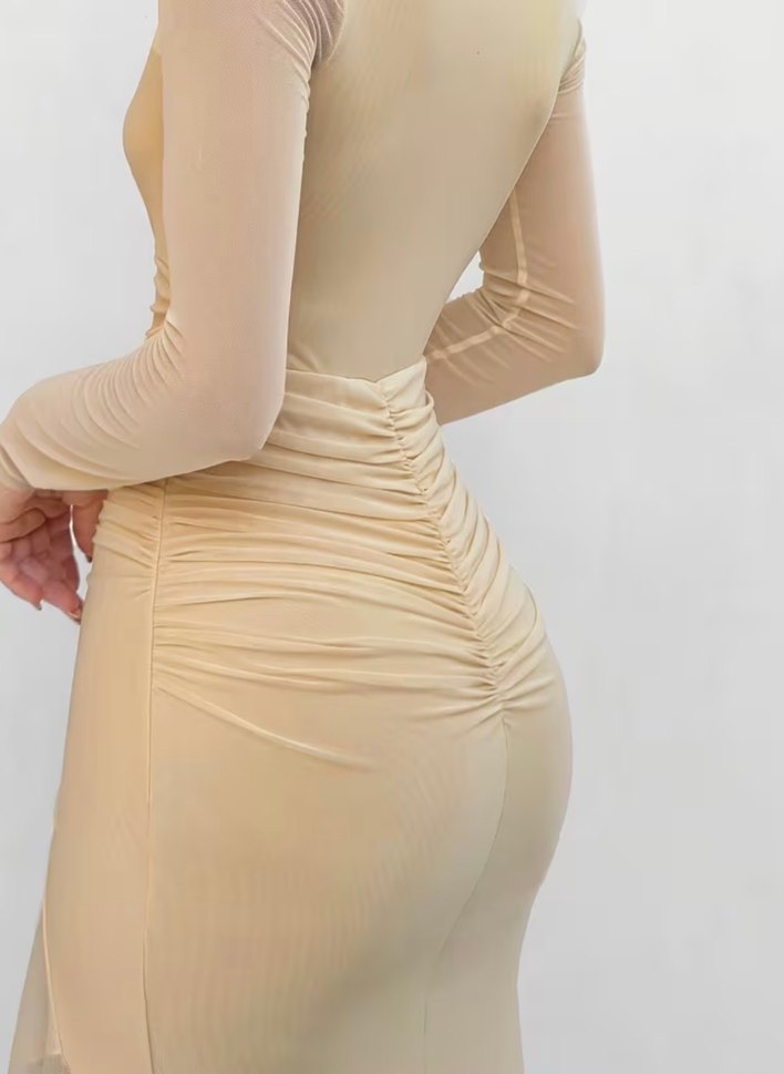 Bej Drapeli Uzun Kollu V Yaka Elbise - Görsel 4