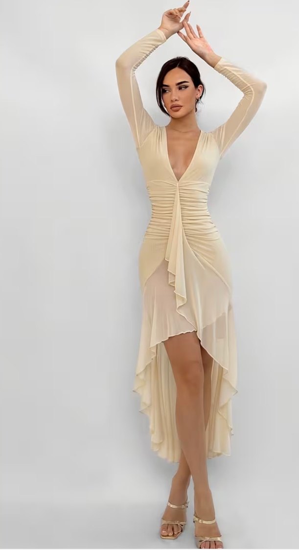 Bej Drapeli Uzun Kollu V Yaka Elbise - Görsel 2