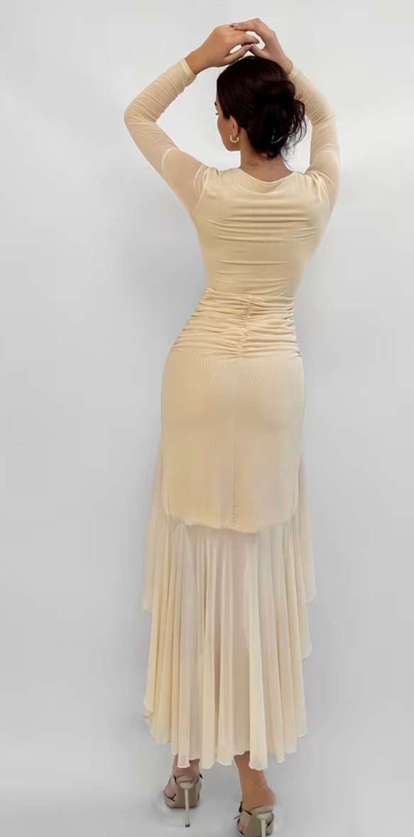 Bej Drapeli Uzun Kollu V Yaka Elbise - Görsel 5