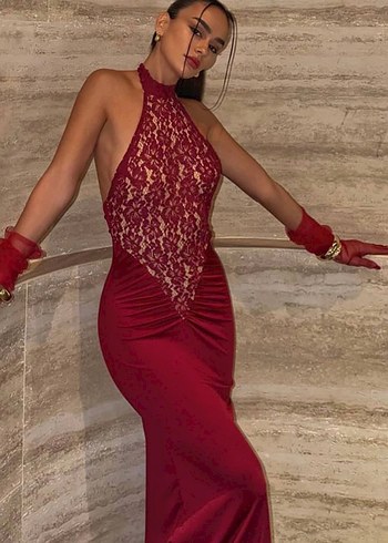 Bordo Dantel Detaylı Uzun Elbise - Görsel 3