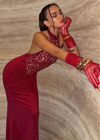 Bordo Dantel Detaylı Uzun Elbise - Görsel 2