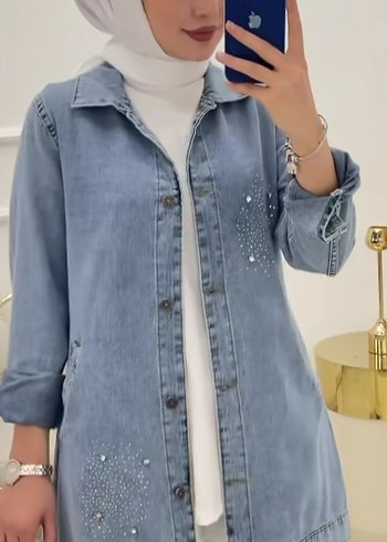 Mavi Nakışlı Düğmeli Kadın Denim Ceket