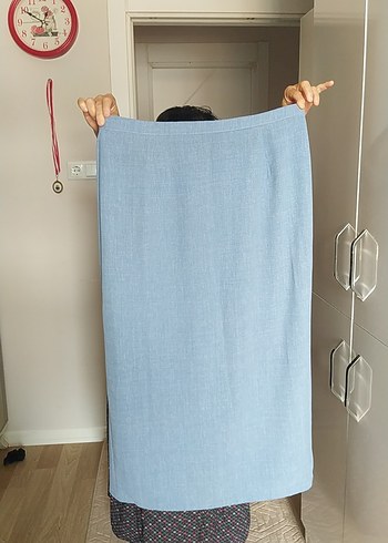 Mavi Midi Keten Kadın Etek