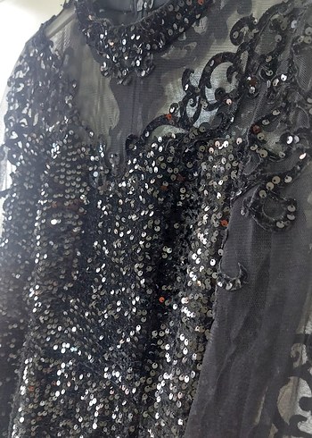 Uzun Kollu Siyah Payetli Gotik Abiye Elbise - Görsel 7