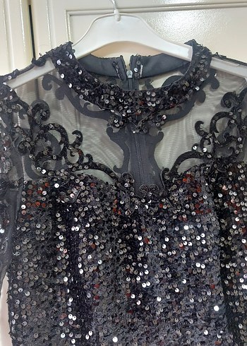 Uzun Kollu Siyah Payetli Gotik Abiye Elbise - Görsel 4