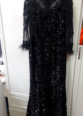 Uzun Kollu Siyah Payetli Gotik Abiye Elbise - Görsel 3