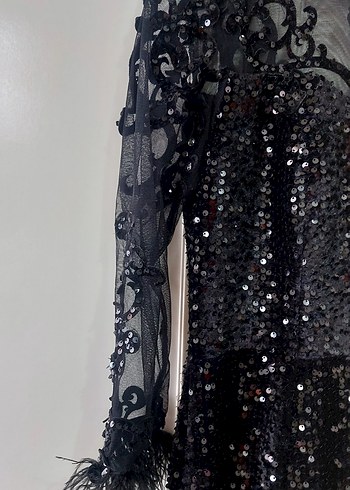 Uzun Kollu Siyah Payetli Gotik Abiye Elbise - Görsel 5