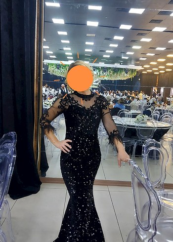 Uzun Kollu Siyah Payetli Gotik Abiye Elbise - Görsel 2