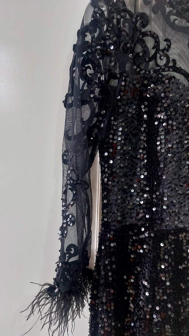 Uzun Kollu Siyah Payetli Gotik Abiye Elbise - Görsel 5