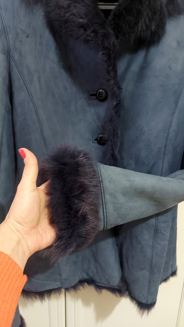 Kürk Detaylı Lacivert Süet Kadın Ceket - Görsel 3