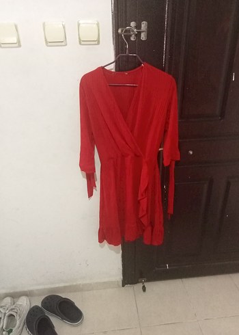 Kadın Kırmızı Midi Uzun Kollu Salaş Elbise - Görsel 2