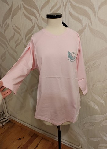 Pembe Pamuklu  Tişört, Uzun Kollu, Salaş sıfır - Görsel 2