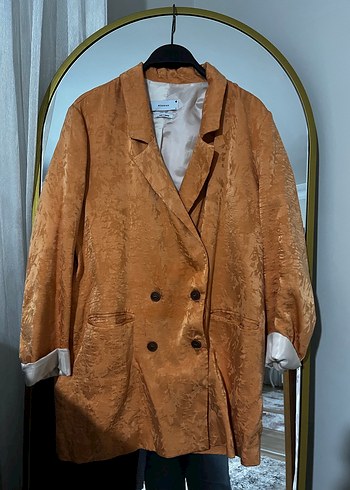 Düğmeli turuncu Kadın Keten Blazer