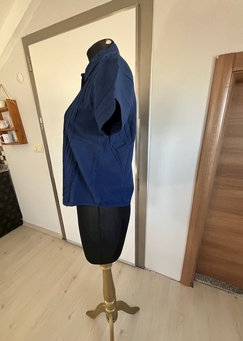 Diğer Lacivert Kısa Kollu Pliseli Keten Gömlek