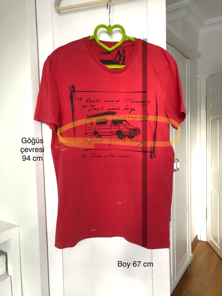 Mavi markalı Kırmızı Tişört Kısa Kollu, Pamuk - Görsel 2