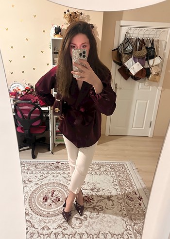 2K Bordo Kuşaklı Kadın Midi Blazer