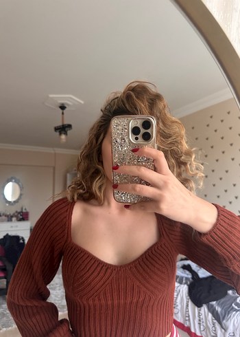 Kahverengi V Yaka Örgü Kadın Kazak - Görsel 2