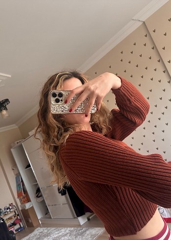 Kahverengi V Yaka Örgü Kadın Kazak - Görsel 3