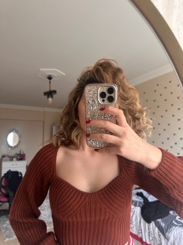 Kahverengi V Yaka Örgü Kadın Kazak - Görsel 2