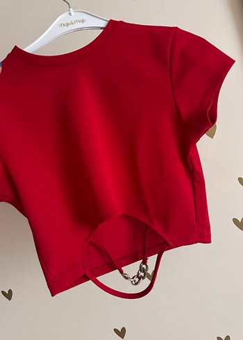 Kısa Kesim Zincir Detaylı Kırmızı Crop Top - Görsel 7