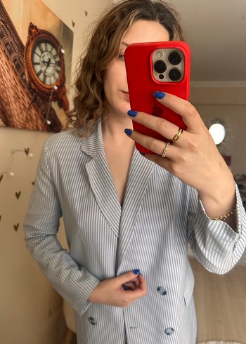 Gri Çizgili Düğmeli Kadın Blazer Ceket - Görsel 4