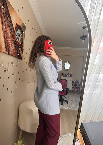 Gri Çizgili Düğmeli Kadın Blazer Ceket - Görsel 6