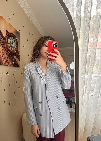 Gri Çizgili Düğmeli Kadın Blazer Ceket - Görsel 2