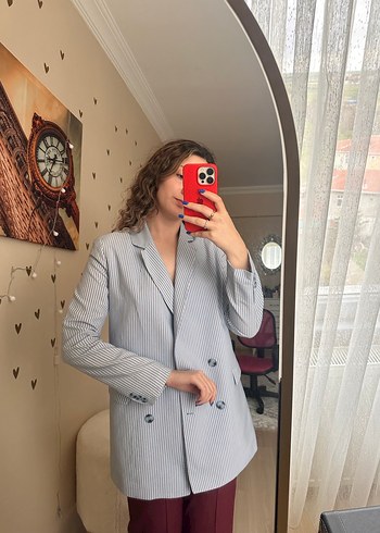 Gri Çizgili Düğmeli Kadın Blazer Ceket - Görsel 3