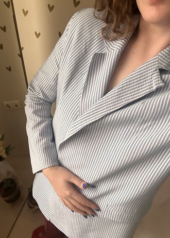 Gri Çizgili Düğmeli Kadın Blazer Ceket - Görsel 7