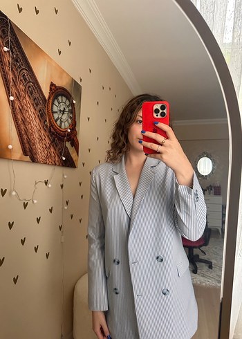 Gri Çizgili Düğmeli Kadın Blazer Ceket - Görsel 5