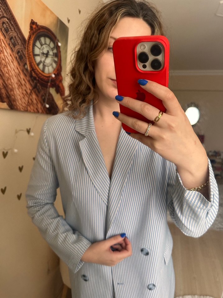 Gri Çizgili Düğmeli Kadın Blazer Ceket - Görsel 4