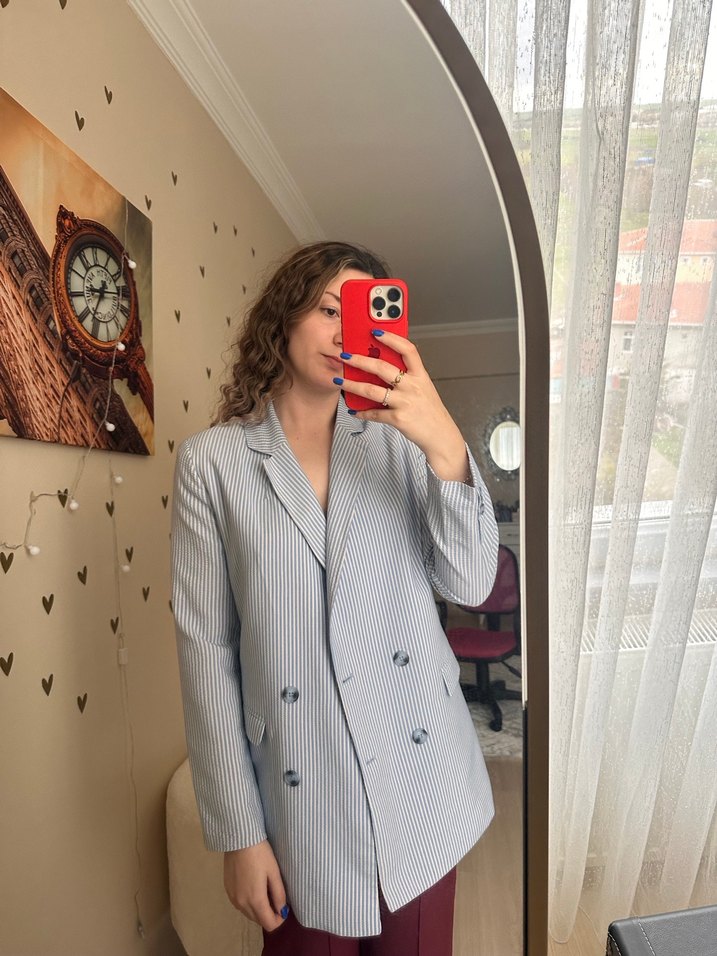 Gri Çizgili Düğmeli Kadın Blazer Ceket - Görsel 2