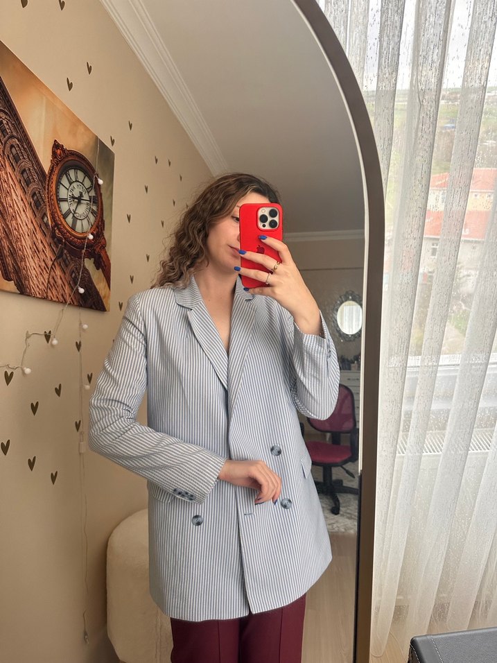 Gri Çizgili Düğmeli Kadın Blazer Ceket - Görsel 3