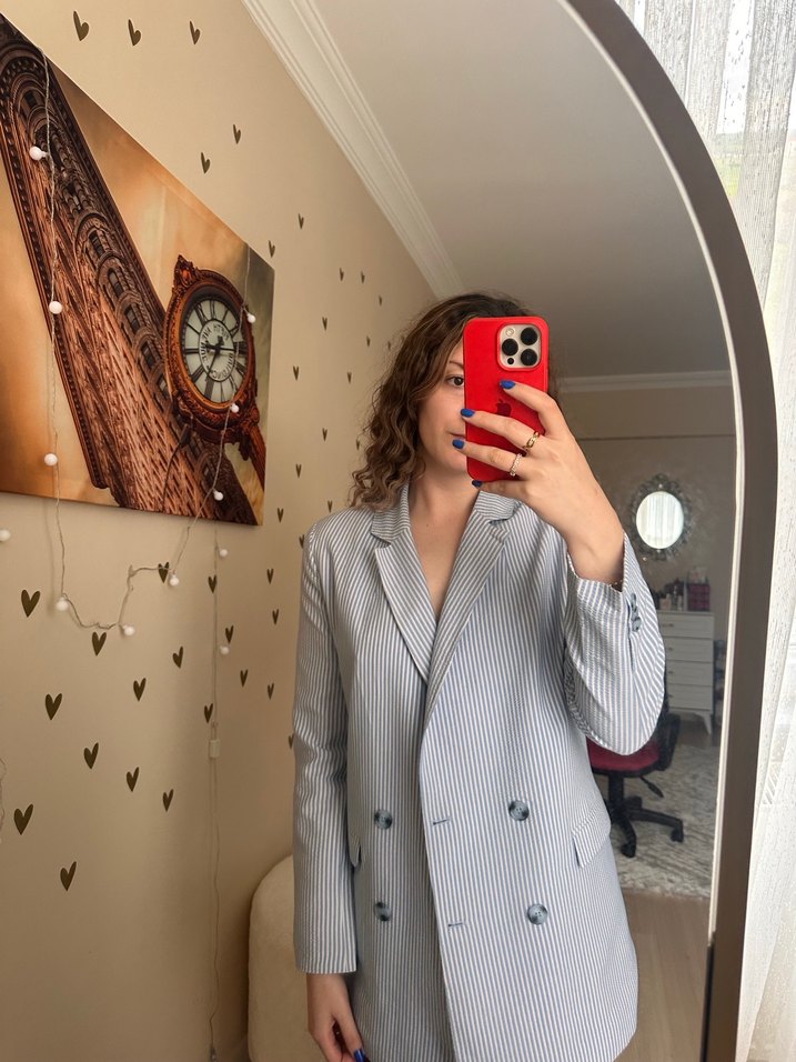 Gri Çizgili Düğmeli Kadın Blazer Ceket - Görsel 5