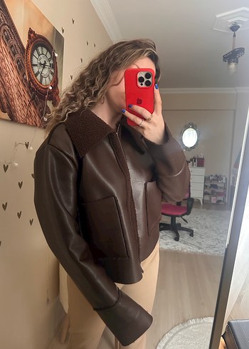 Kahverengi Deri Kadın Ceket Peluş Detaylı - Görsel 7