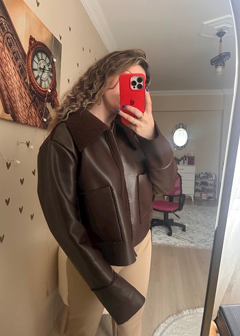 Kahverengi Deri Kadın Ceket Peluş Detaylı - Görsel 8