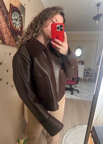 Kahverengi Deri Kadın Ceket Peluş Detaylı - Görsel 5