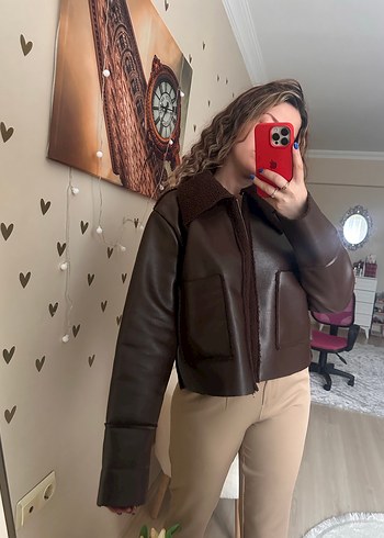 Kahverengi Deri Kadın Ceket Peluş Detaylı - Görsel 6