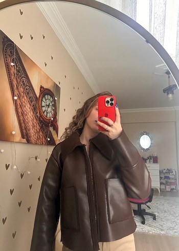 Kahverengi Deri Kadın Ceket Peluş Detaylı - Görsel 2