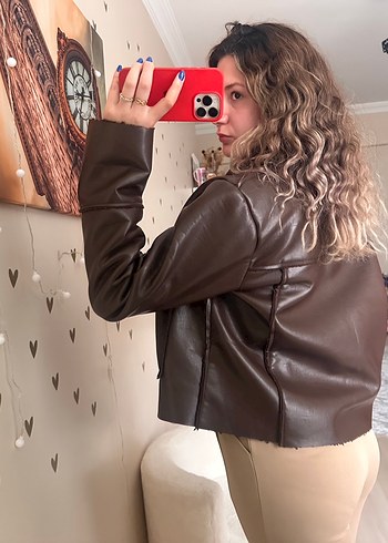 Kahverengi Deri Kadın Ceket Peluş Detaylı - Görsel 9