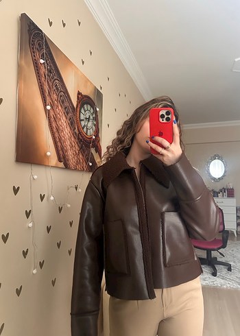 Kahverengi Deri Kadın Ceket Peluş Detaylı - Görsel 3