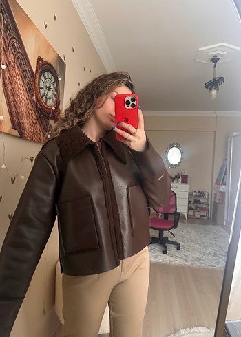 Kahverengi Deri Kadın Ceket Peluş Detaylı - Görsel 4