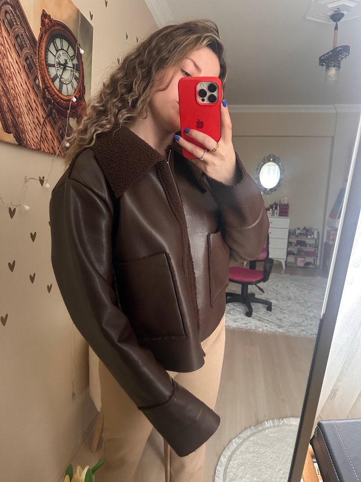 Kahverengi Deri Kadın Ceket Peluş Detaylı - Görsel 5