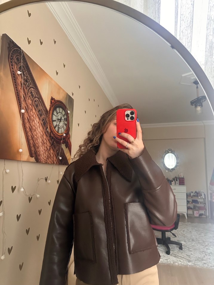 Kahverengi Deri Kadın Ceket Peluş Detaylı - Görsel 2