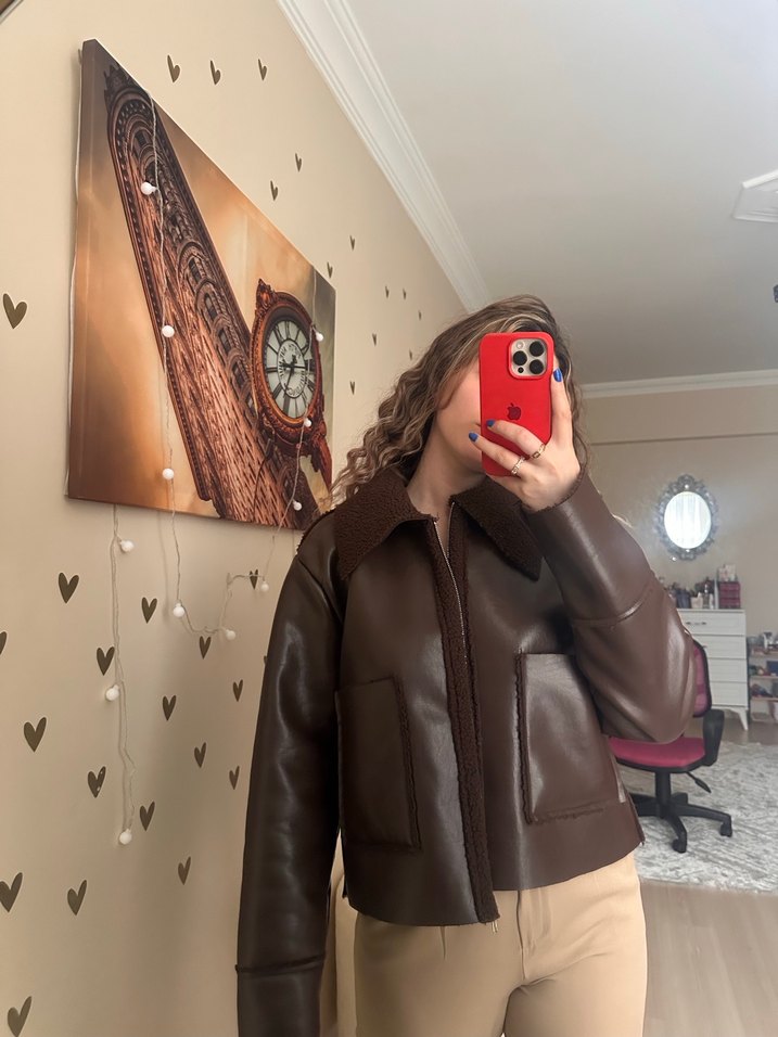 Kahverengi Deri Kadın Ceket Peluş Detaylı - Görsel 3