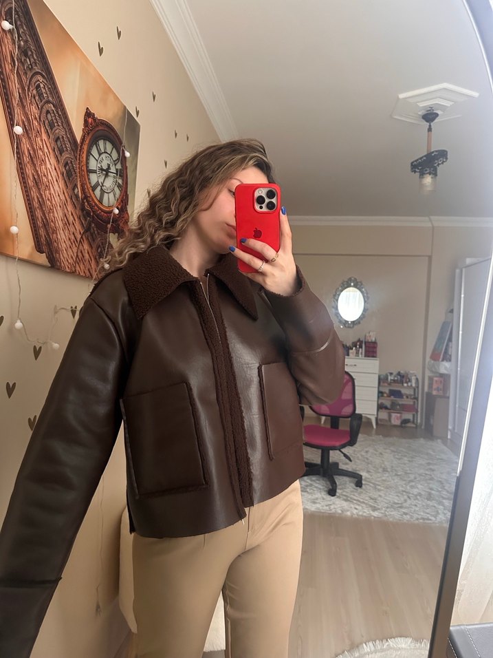Kahverengi Deri Kadın Ceket Peluş Detaylı - Görsel 4
