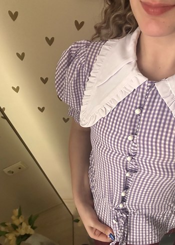 Mor Ekose Desenli Düğmeli Kadın Gömlek - Görsel 3