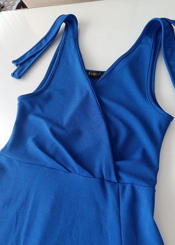 Mavi Uzun Kollarsız Drapeli Kadın Elbise - Görsel 3